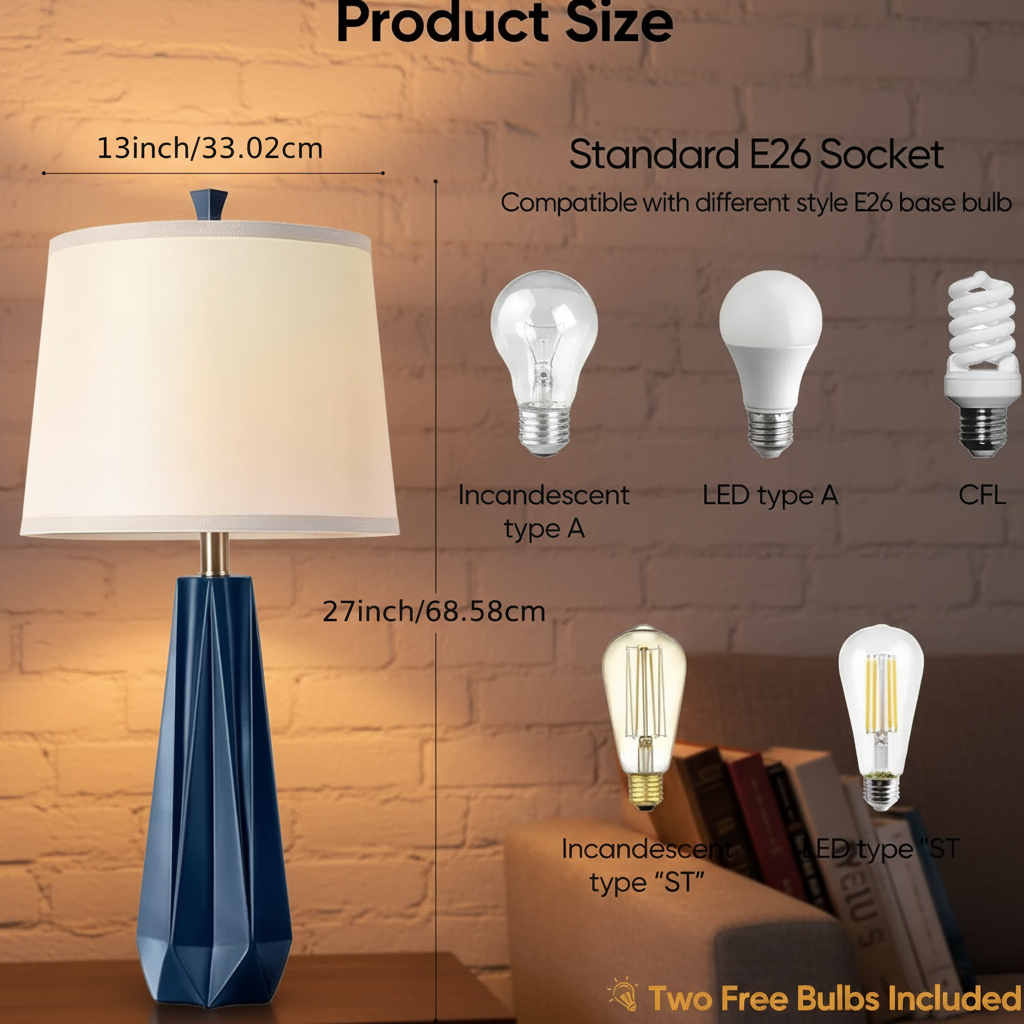 Set of 2 Blue Ceramic Table Lamps with 3-Color Temperature & Fabric Shade – 27