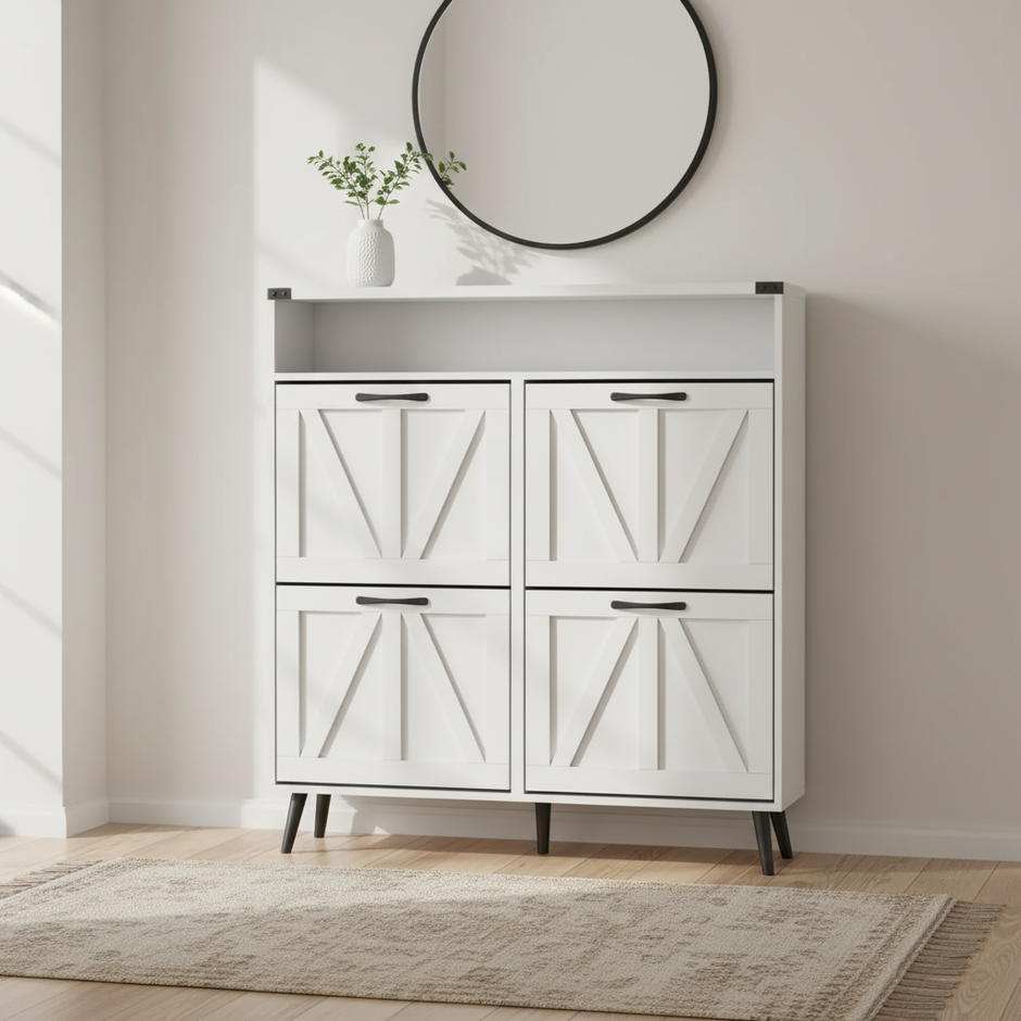 Modern 4-Compartment Tilt-Out Shoe Cabinet with Open Shelf – Multiple Finishes