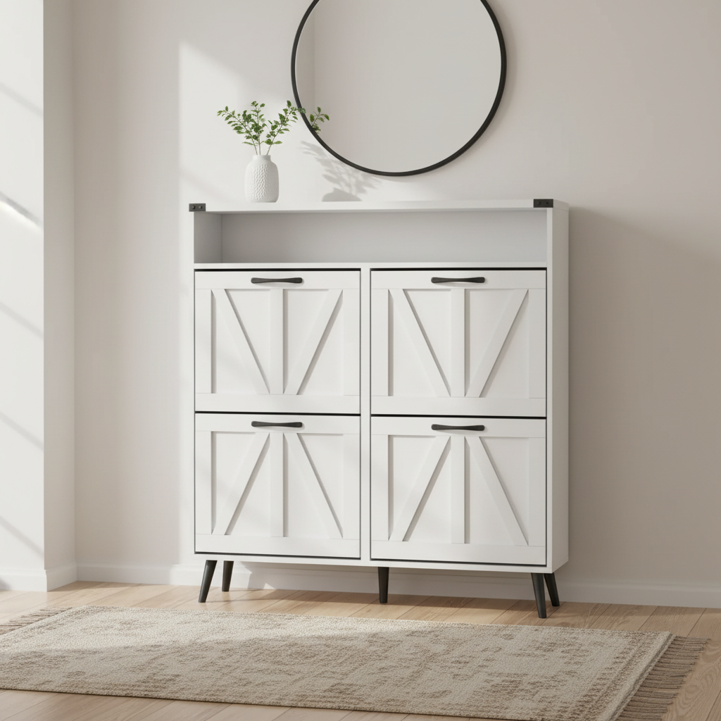 Modern 4-Compartment Tilt-Out Shoe Cabinet with Open Shelf – Multiple Finishes