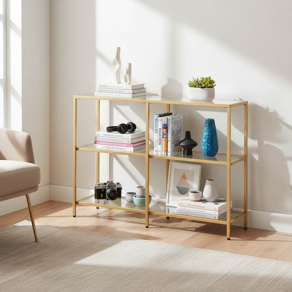 Modern 3-Tier Glass Display Shelf with Metal Frame – Black or Gold