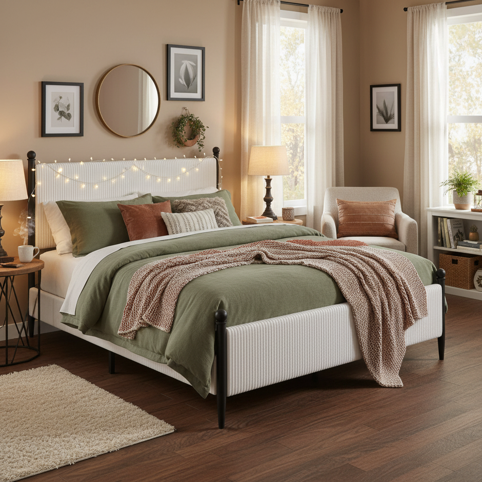 Modern Upholstered Platform Bed with Vertical Channel Headboard