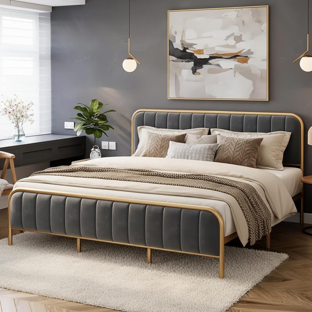 Modern Gray Upholstered Bed Frame with Gold Metal – King Size