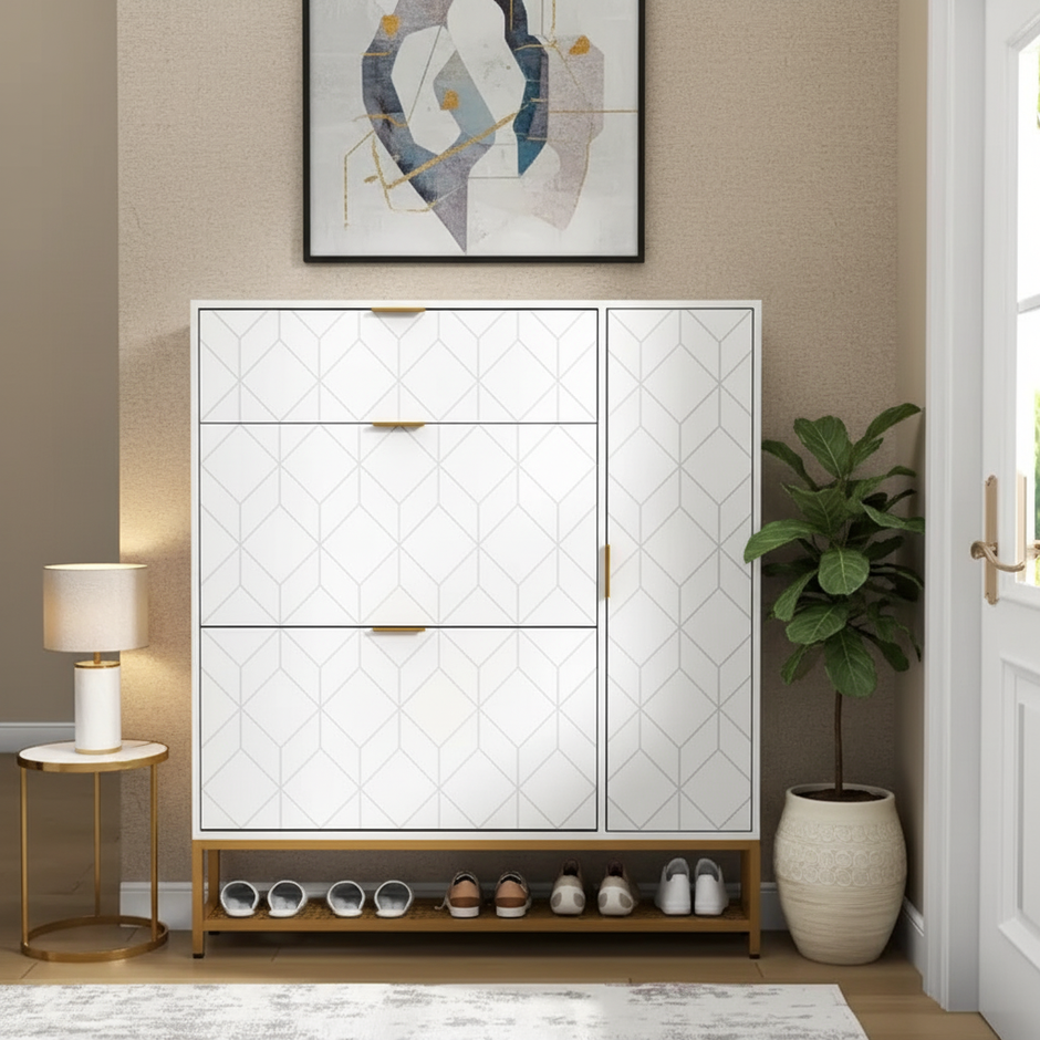 Modern Shoe Cabinet with Geometric Design and Multiple Storage Compartments