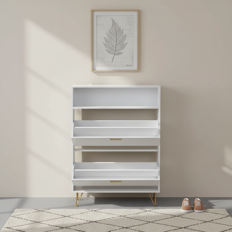 Modern Shoe Storage Cabinet with Gold Legs – Available in Black & White