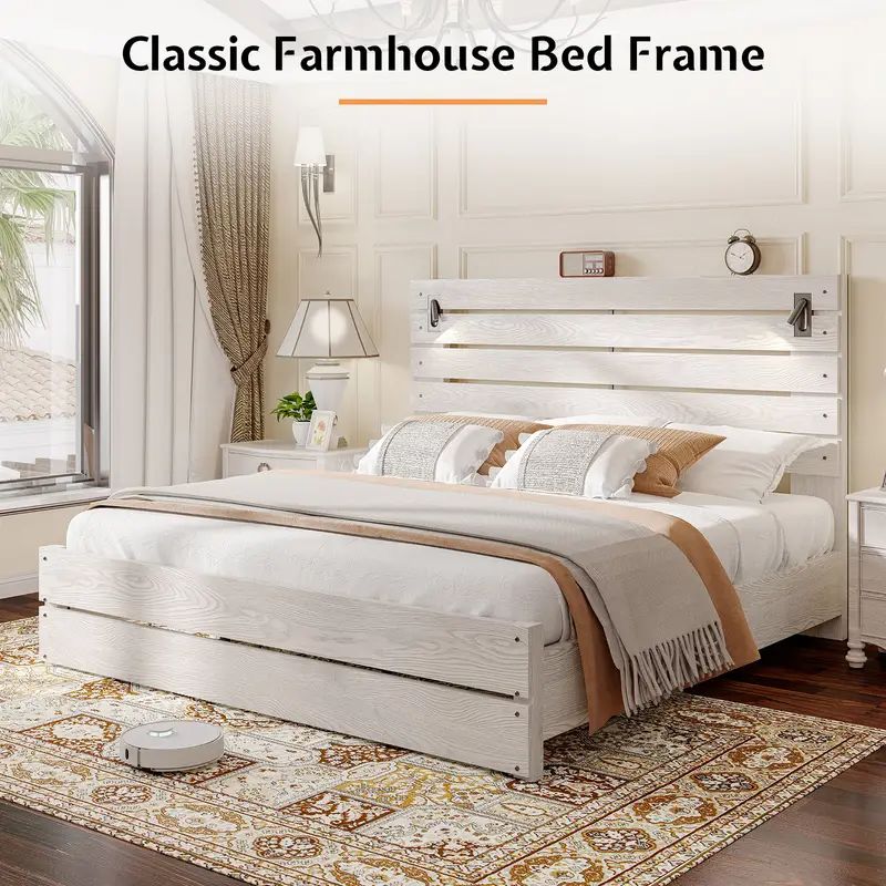 Farmhouse Wooden Bed Frame with Tall Headboard – Queen & King Sizes
