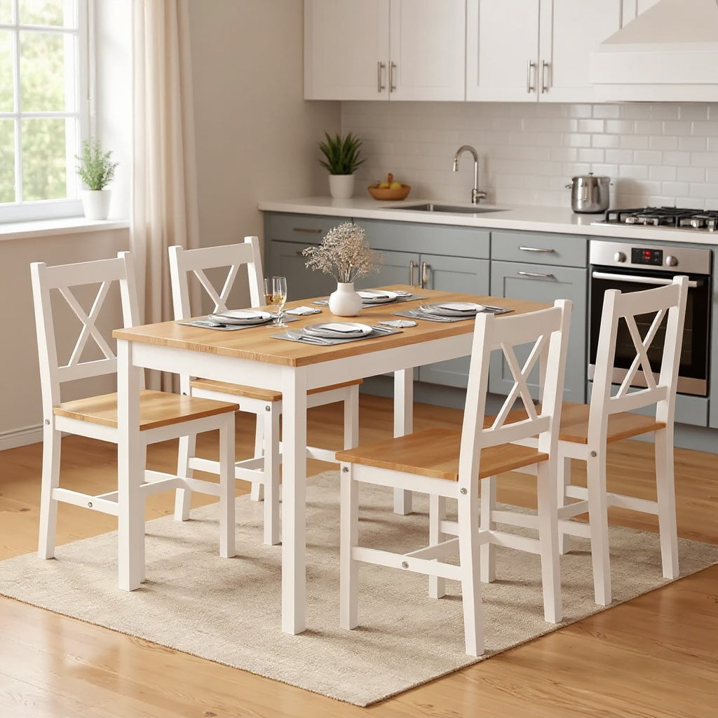 5-Piece Dining Table Set with 4 Chairs, Solid Pine Wood, White & Natural