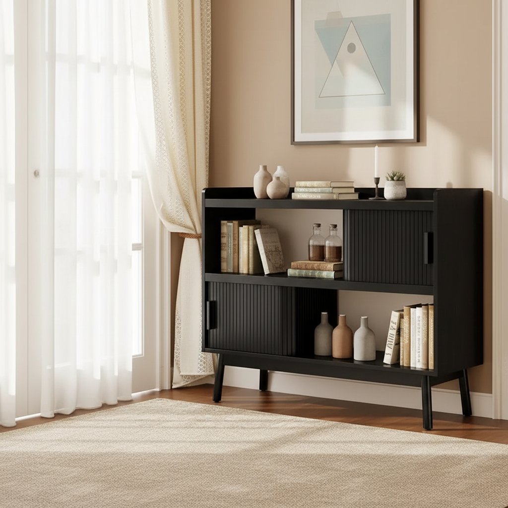 Modern Storage Cabinet with Sliding Doors – Black or Walnut