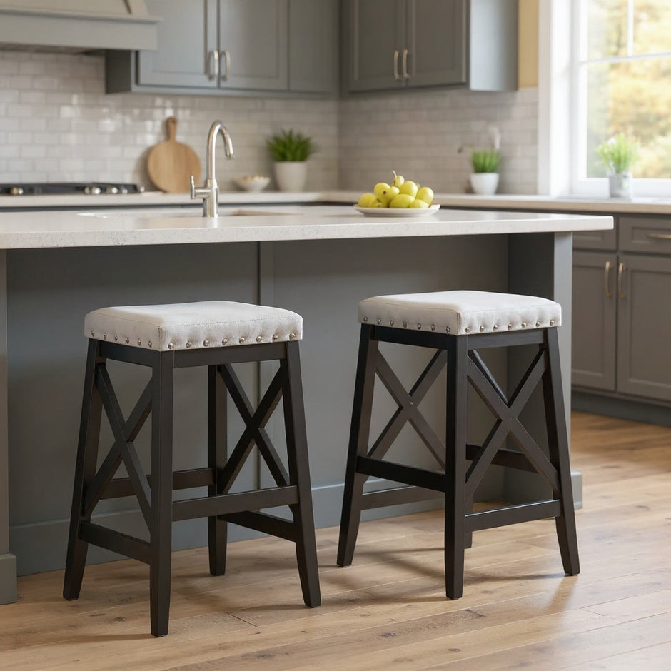 Set of 2 Upholstered Bar Stools with Nailhead Trim and Wooden Cross Back Legs – CozyVianno
