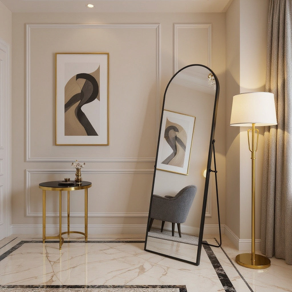 Arched Full Length Mirror – Black & Gold, Wall Mounted / Free Standing