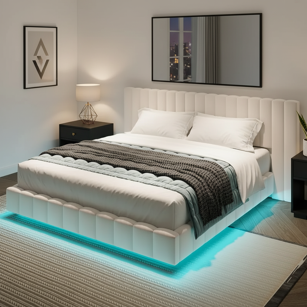 Modern Floating Upholstered Bed Frame with LED Lights