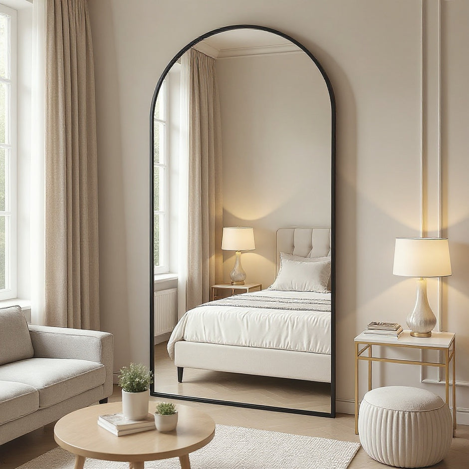 Arched Full-Length Floor Mirror with Metal Frame and Stand, Sizes 78"x38" / 81"x41", Black or Gold