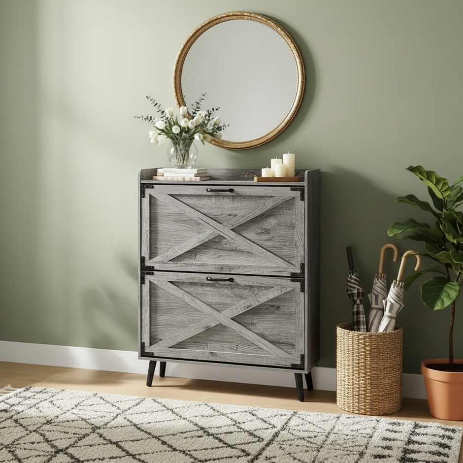 Farmhouse Shoe Cabinet with Flip Drawers – 2-Tier Storage Organizer, Rustic Style