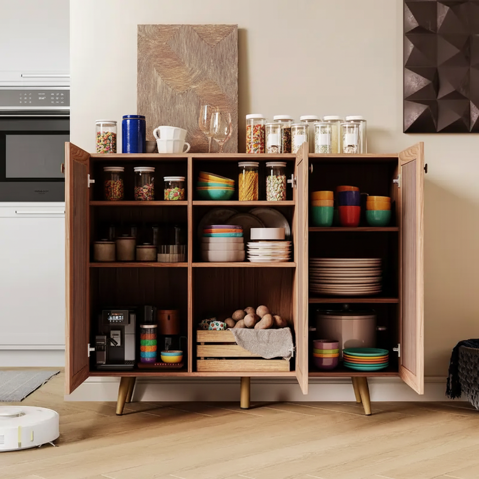 Modern 3-Door Storage Cabinet with Adjustable Shelves – Grey & Natural Oak