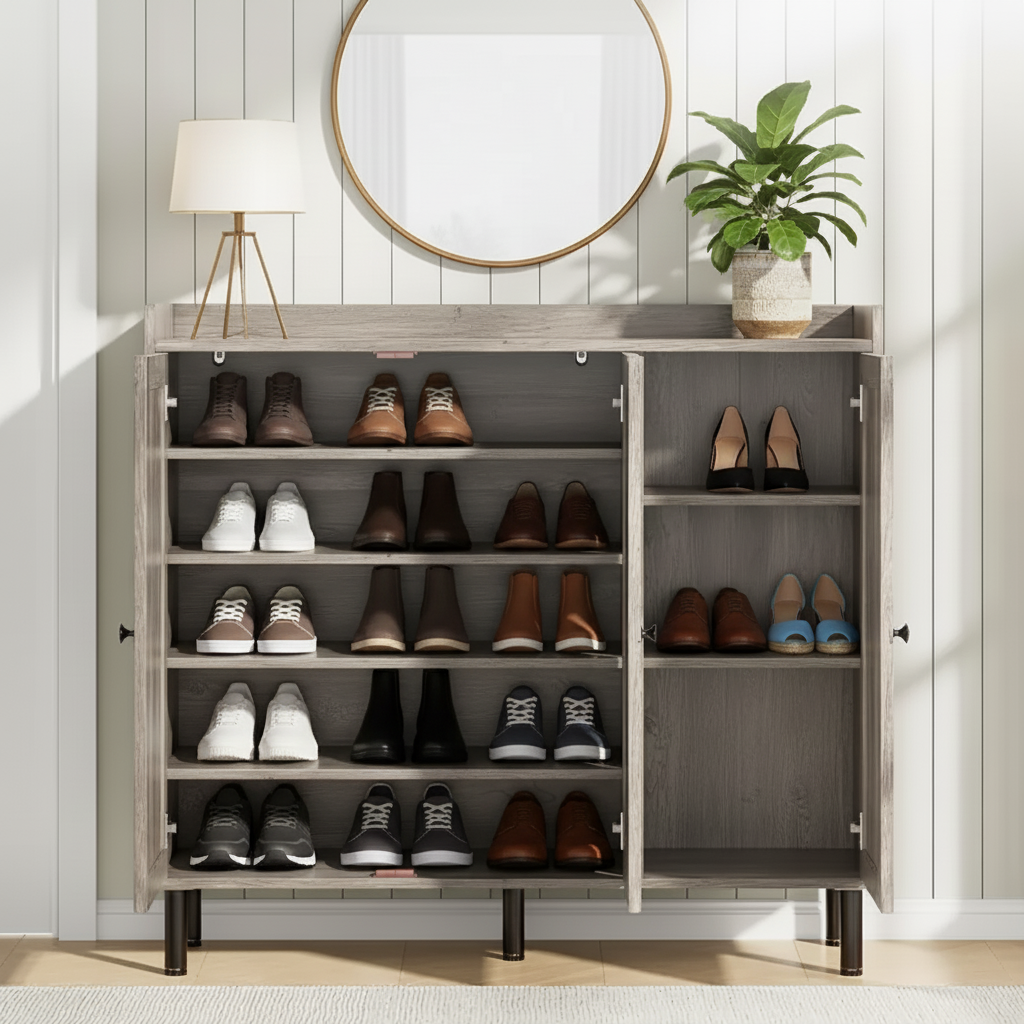 Large Rustic Gray 3-Door Shoe Cabinet with Adjustable Shelves