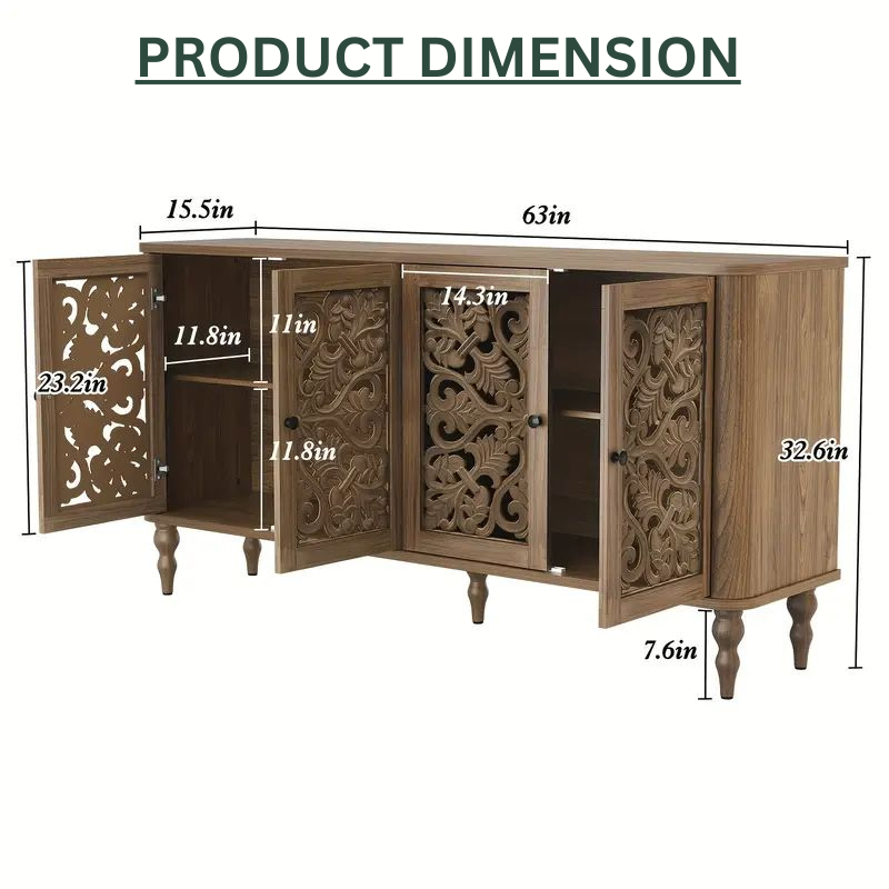 Carved Wood Sideboard with Floral Doors and Ample Storage