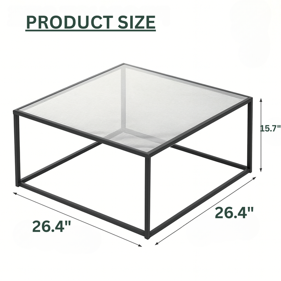 Minimalist Glass Coffee Table – Square Tempered Glass with Metal Frame, 27