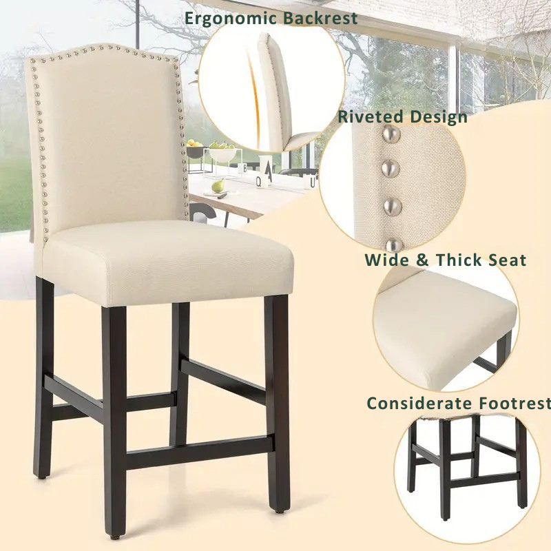 Set of 2 Upholstered Bar Chairs with High Back and Nailhead Trim – CozyVianno