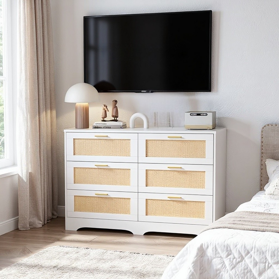 6-Drawer Rattan Dresser – Modern Double Dresser with Gold Handles, Wood Storage Chest for Bedroom, Living Room, Hallway, Entryway