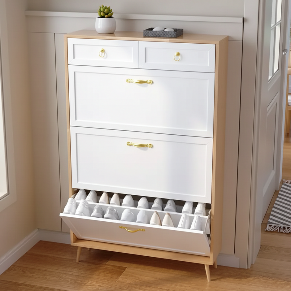 Tall White Shoe Cabinet with Gold Handles and Multiple Drawers – Modern Entryway Storage