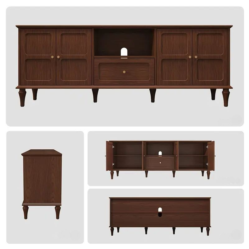 Modern Solid Wood TV Stand with Storage Cabinets & Drawer