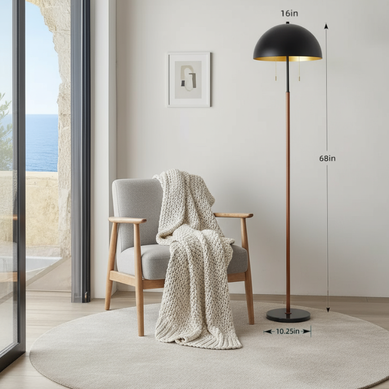 Modern Floor Lamp with Dome Shade, Wooden Pole & Dual Pull Chains