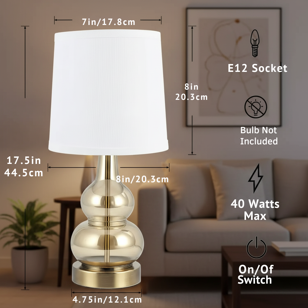 Set of 2 Modern Glass Gourd Table Lamps with White Fabric Shade – 17.5