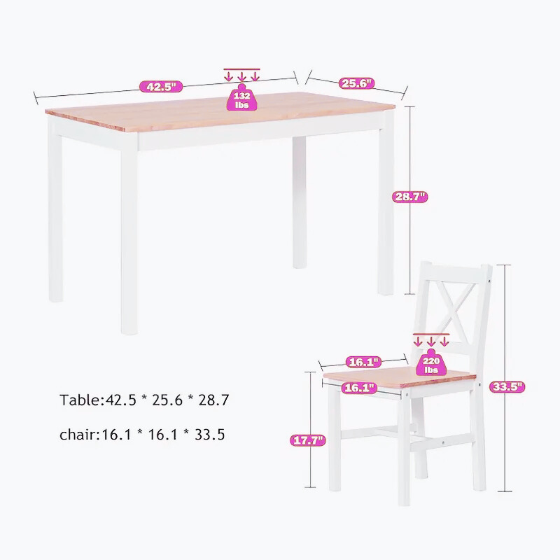 5-Piece Dining Table Set with 4 Chairs, Solid Pine Wood, White & Natural