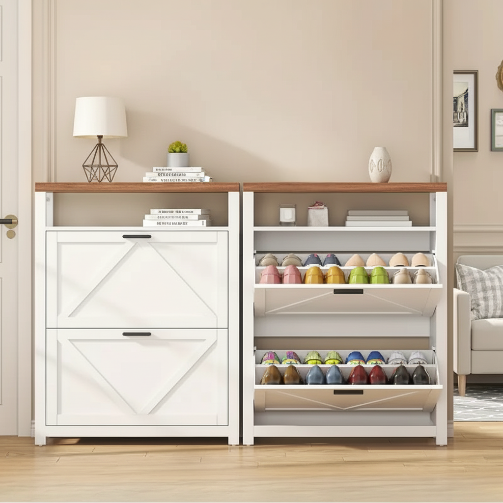 Modern Farmhouse Shoe Cabinet with Flip Drawers and Storage Shelf – White & Oak Finish