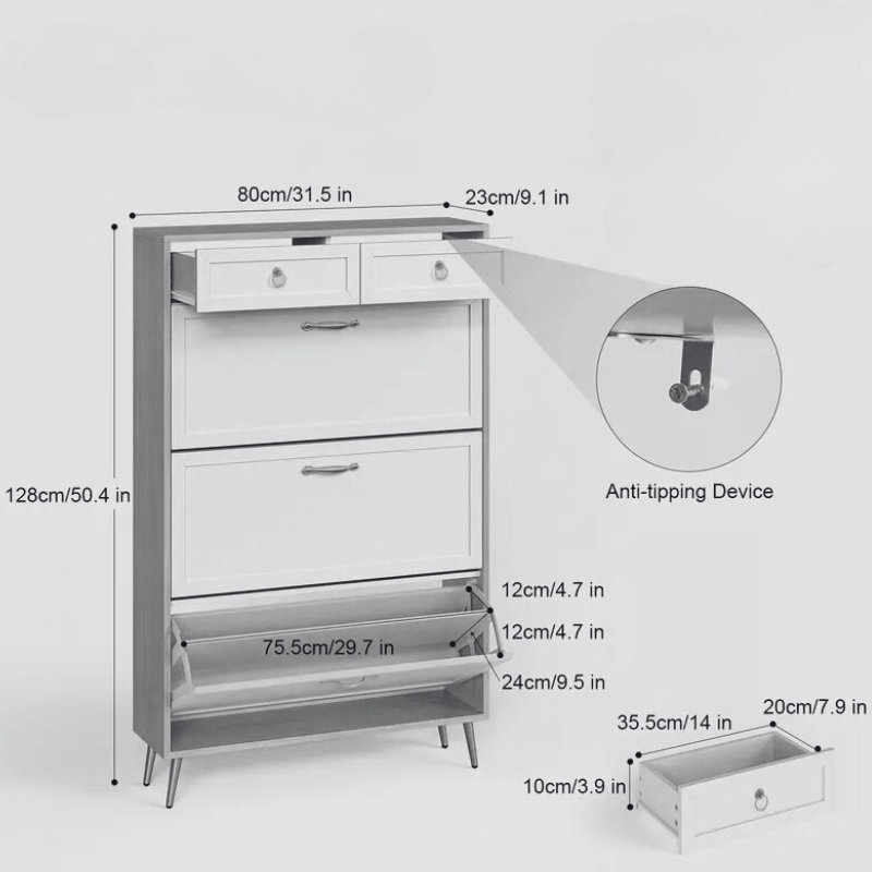 Tall White Shoe Cabinet with Gold Handles and Multiple Drawers – Modern Entryway Storage