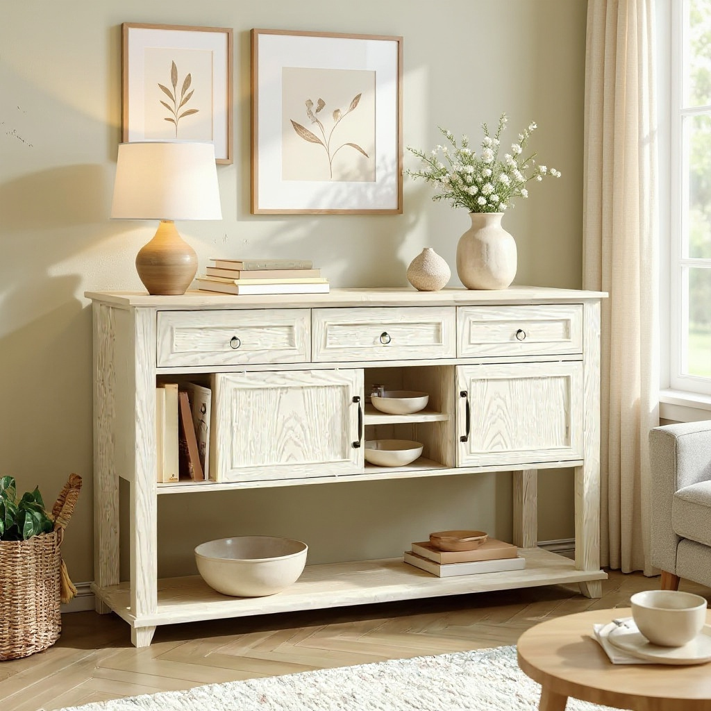 Rustic Farmhouse Sideboard Buffet Cabinet with Drawers and Open Shelf – Solid Wood Storage Console