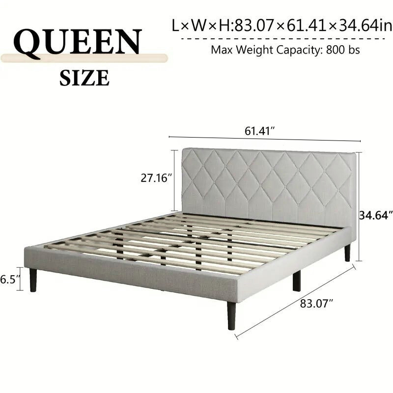 Modern Upholstered Queen Bed Frame with Diamond Tufted Headboard