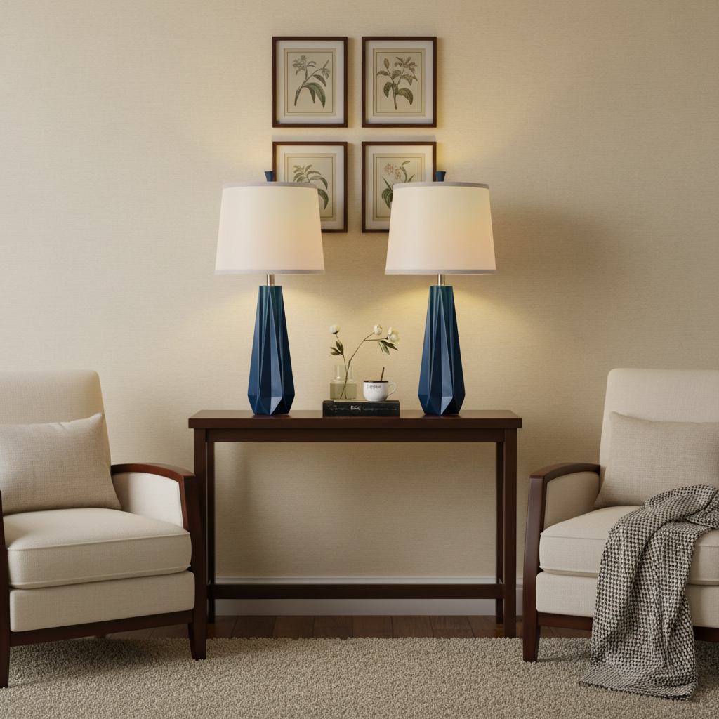 Set of 2 Blue Ceramic Table Lamps with 3-Color Temperature & Fabric Shade – 27