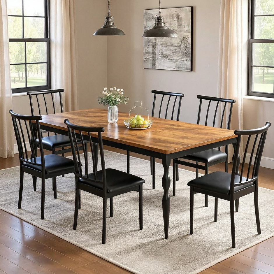 Rustic Rectangular Dining Table with Carved Black Legs, 71"