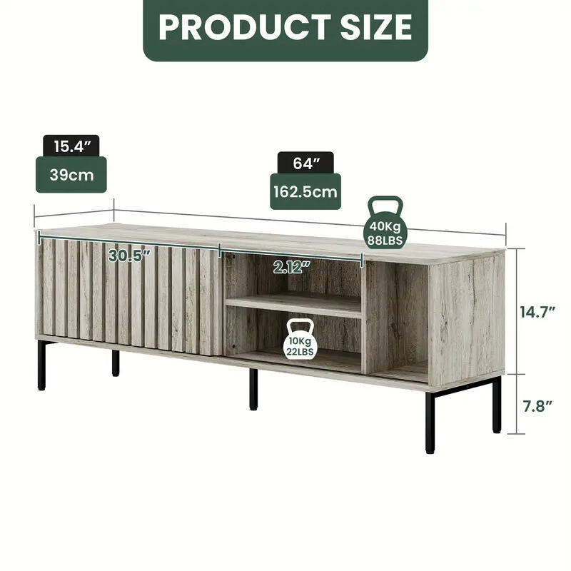 Modern Sliding Door TV Stand with Storage Shelves – 64” Entertainment Console