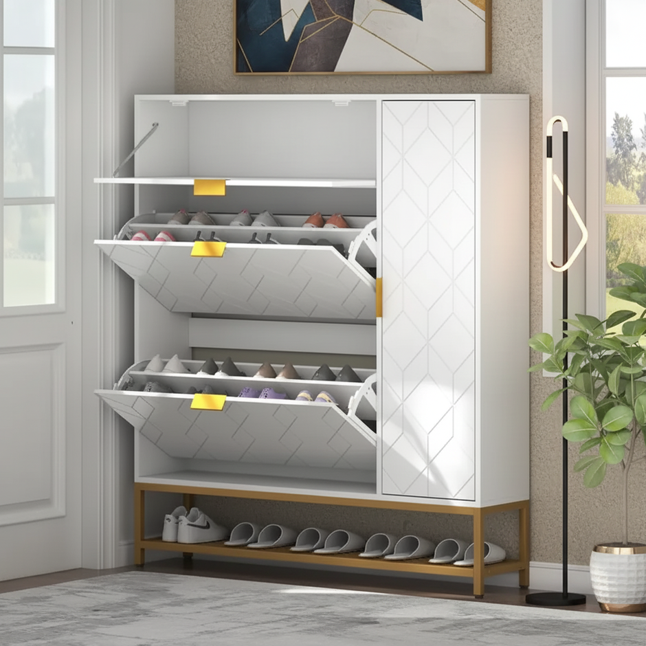 Modern Shoe Cabinet with Geometric Design and Multiple Storage Compartments