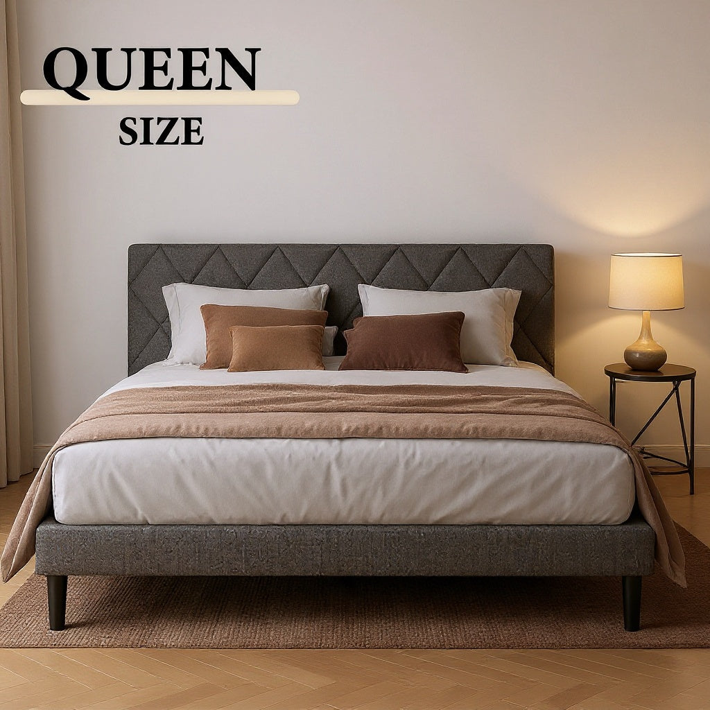 Modern Upholstered Queen Bed Frame with Diamond Tufted Headboard