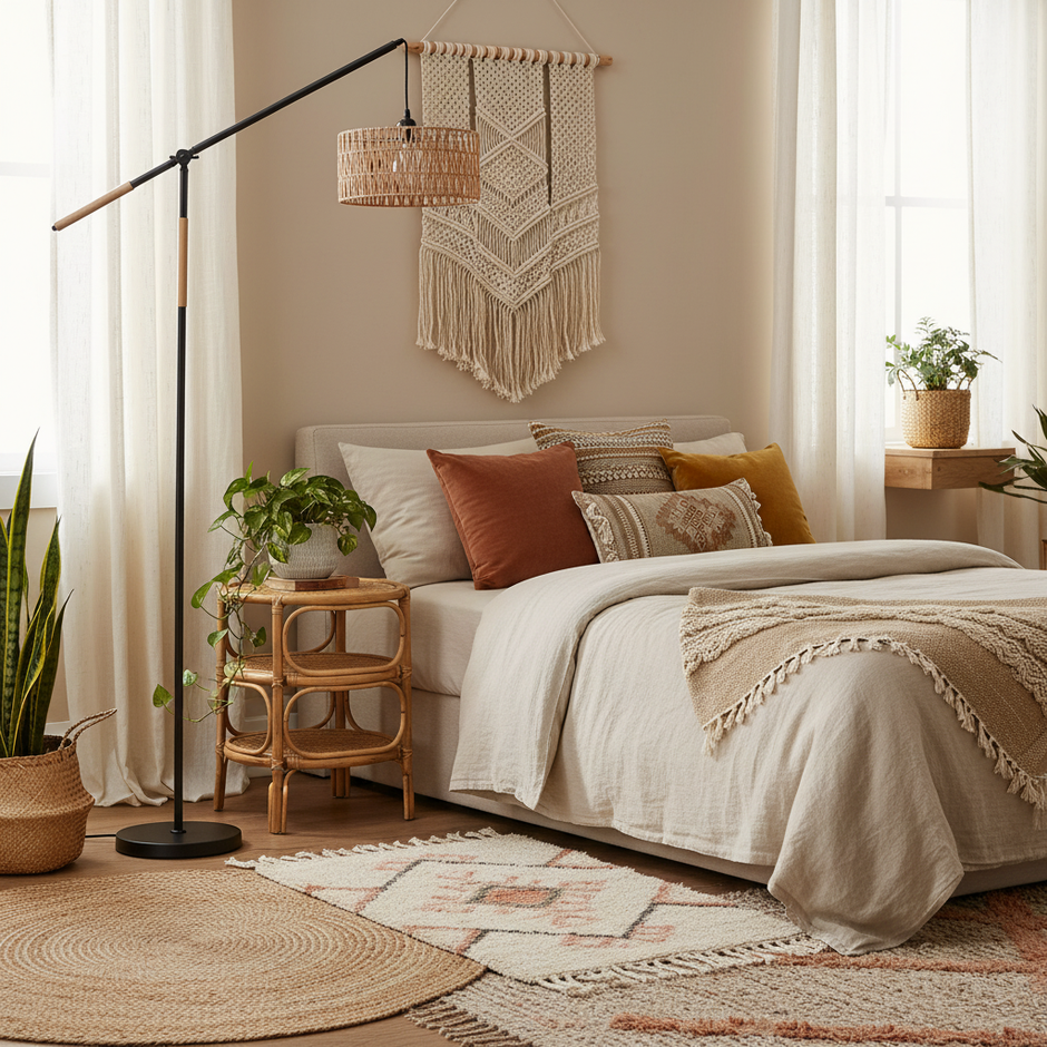 Modern Adjustable Floor Lamp with Handmade Rattan Shade, E26 Base