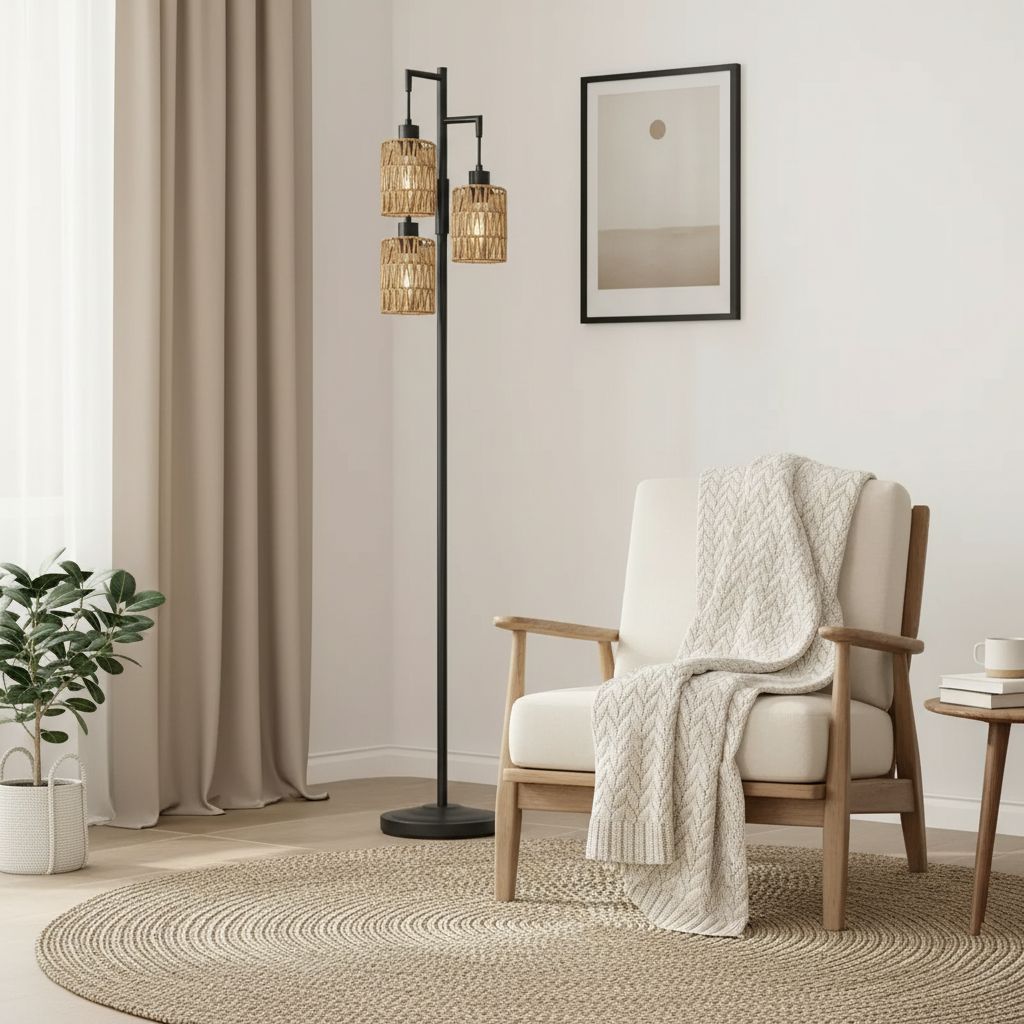 Dimmable Rattan Floor Lamp with 3 Adjustable Shades, E26 Base