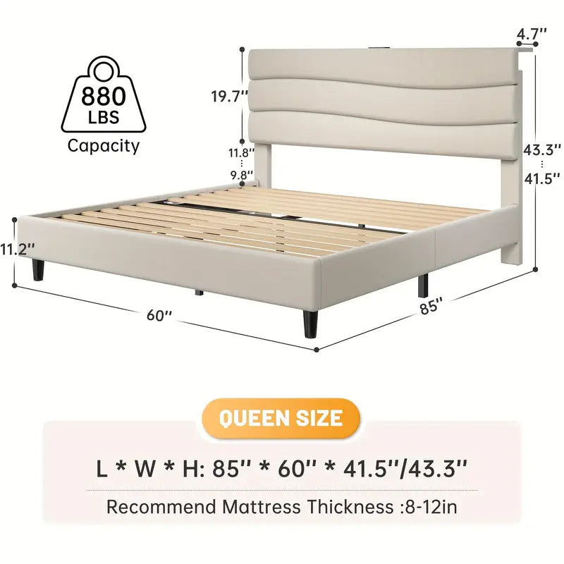 Modern Upholstered Queen Bed with Charging Station