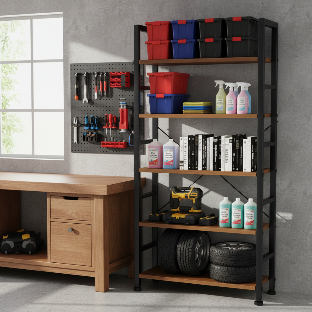 Industrial 5-Tier Metal & Wood Bookshelf with Adjustable Feet – Rustic Storage Rack