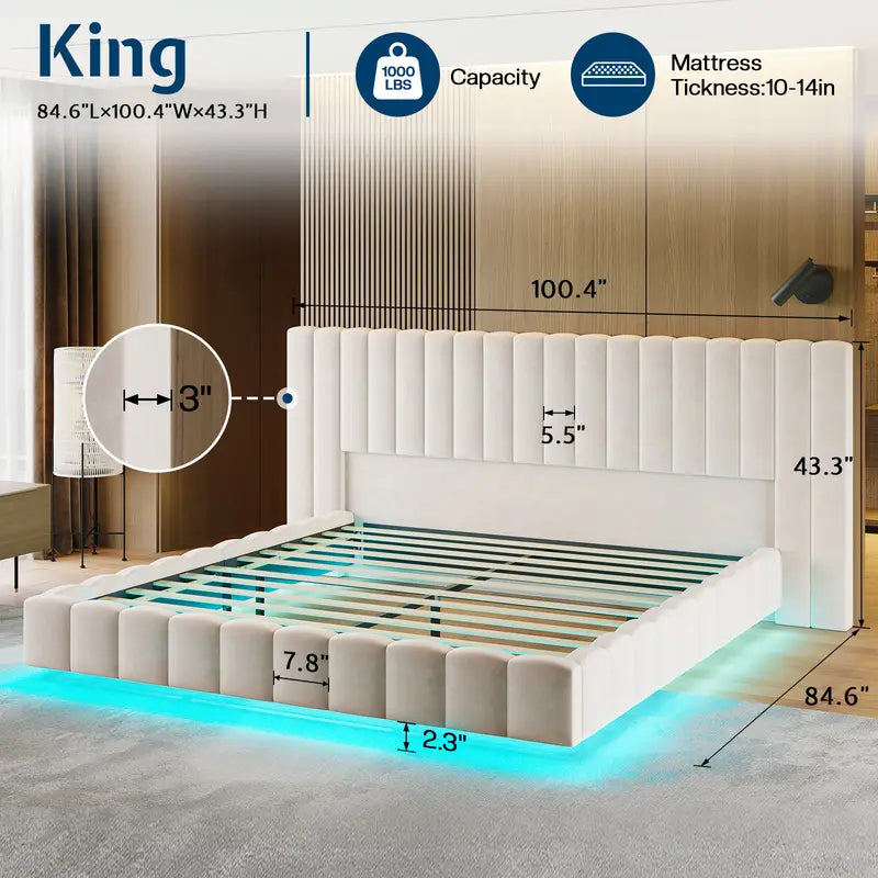 Modern Floating Upholstered Bed Frame with LED Lights