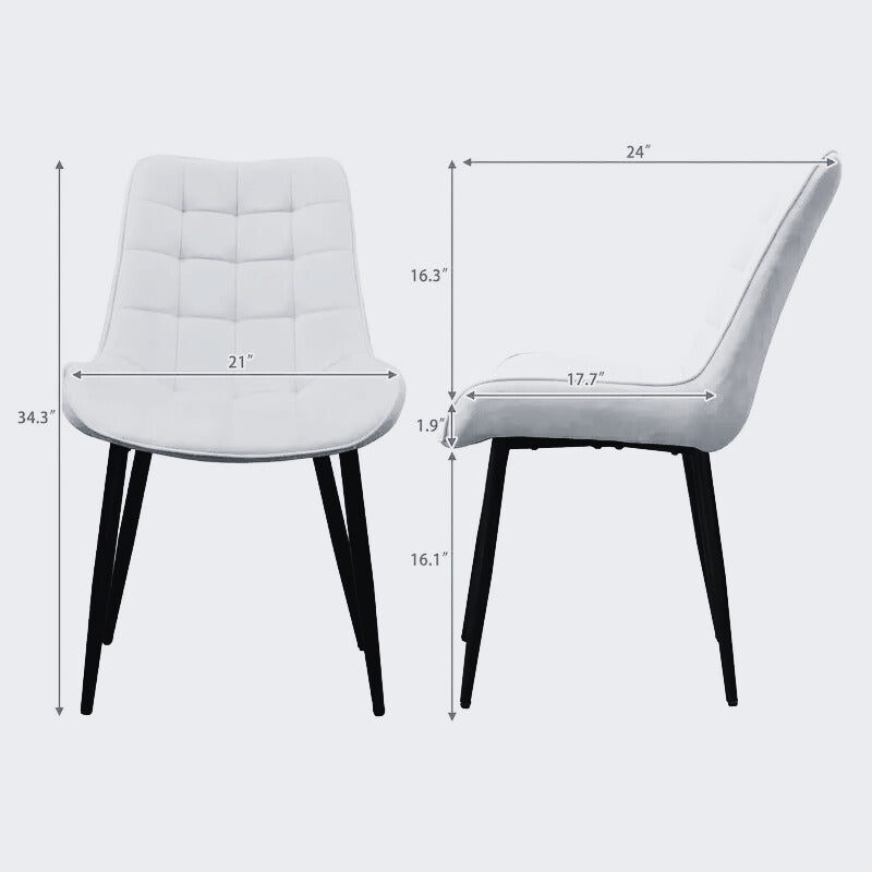 Set of 4 Modern Upholstered Dining Chairs with Quilted Velvet Fabric and Black Metal Legs – Cream / Green