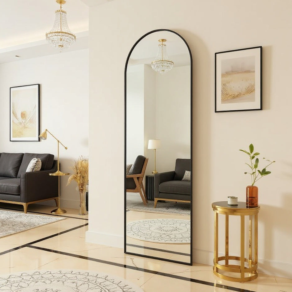 Arched Full Length Mirror – Black & Gold, Wall Mounted / Free Standing