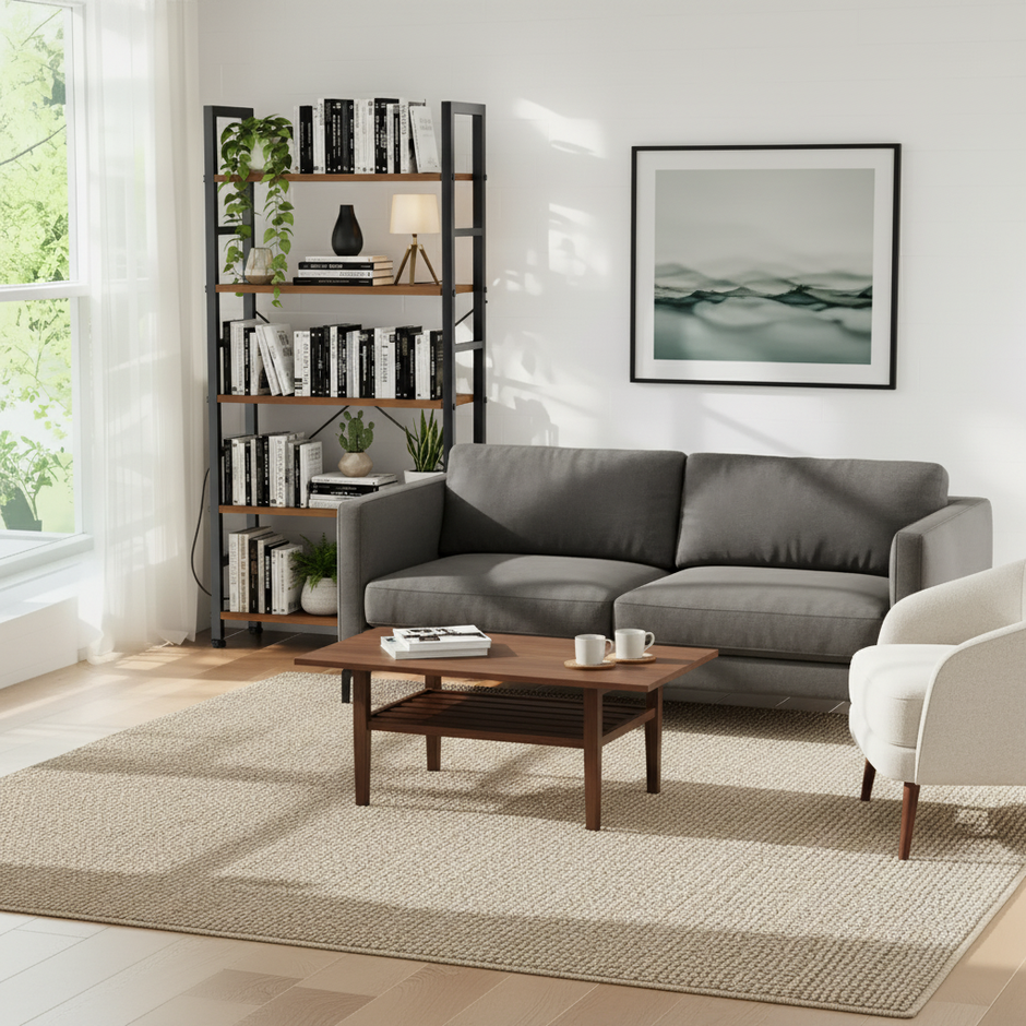 Industrial 5-Tier Metal & Wood Bookshelf with Adjustable Feet – Rustic Storage Rack