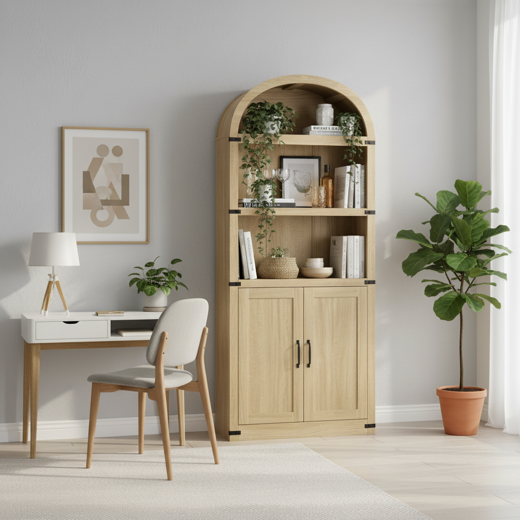 Arched Wood Bookshelf with Storage Cabinet – Tall Rustic Display Shelf with Doors for Living Room, Dining Room, or Office
