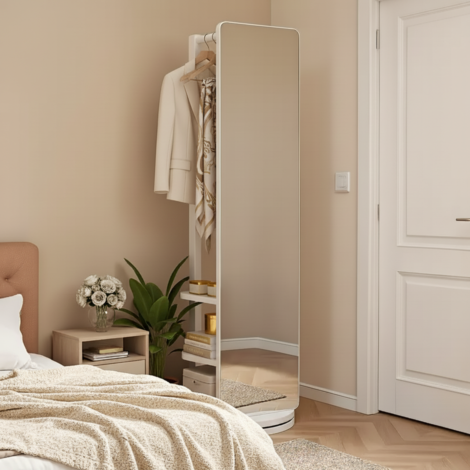 Full-Length Swivel Mirror with Storage – 360° Rotating Organizer