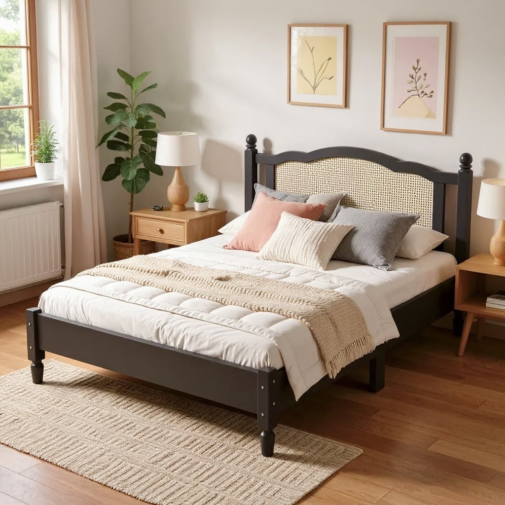 Modern Black Wooden Bed Frame with Rattan Headboard – Queen Size