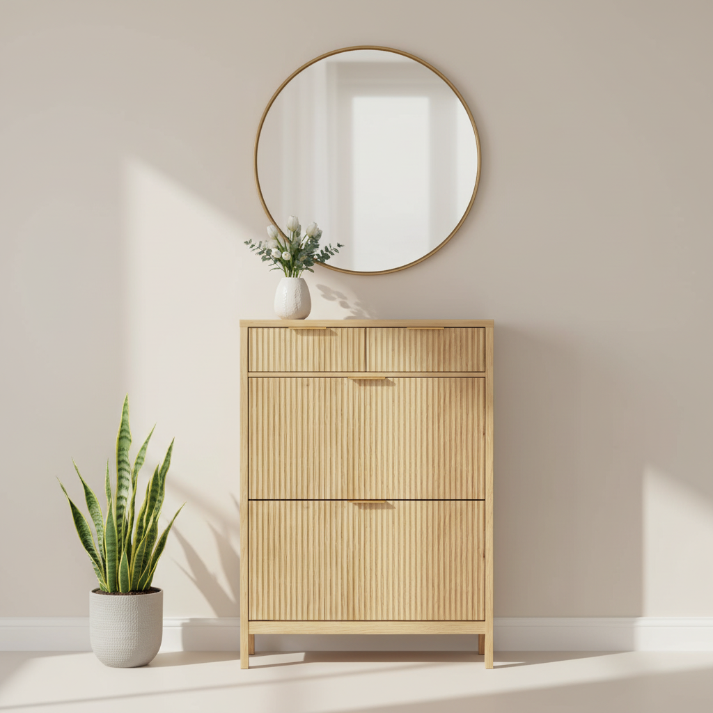 Modern Wooden Shoe Cabinet with Drawers and Tilt-Out Storage – Natural Oak Finish