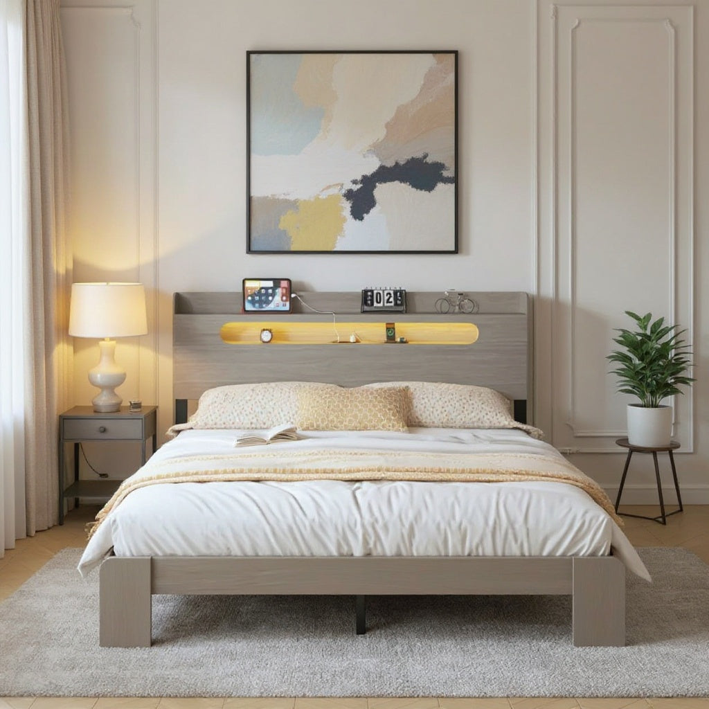 Queen Size Platform Bed with Storage Headboard Shelf – Modern Wood Frame