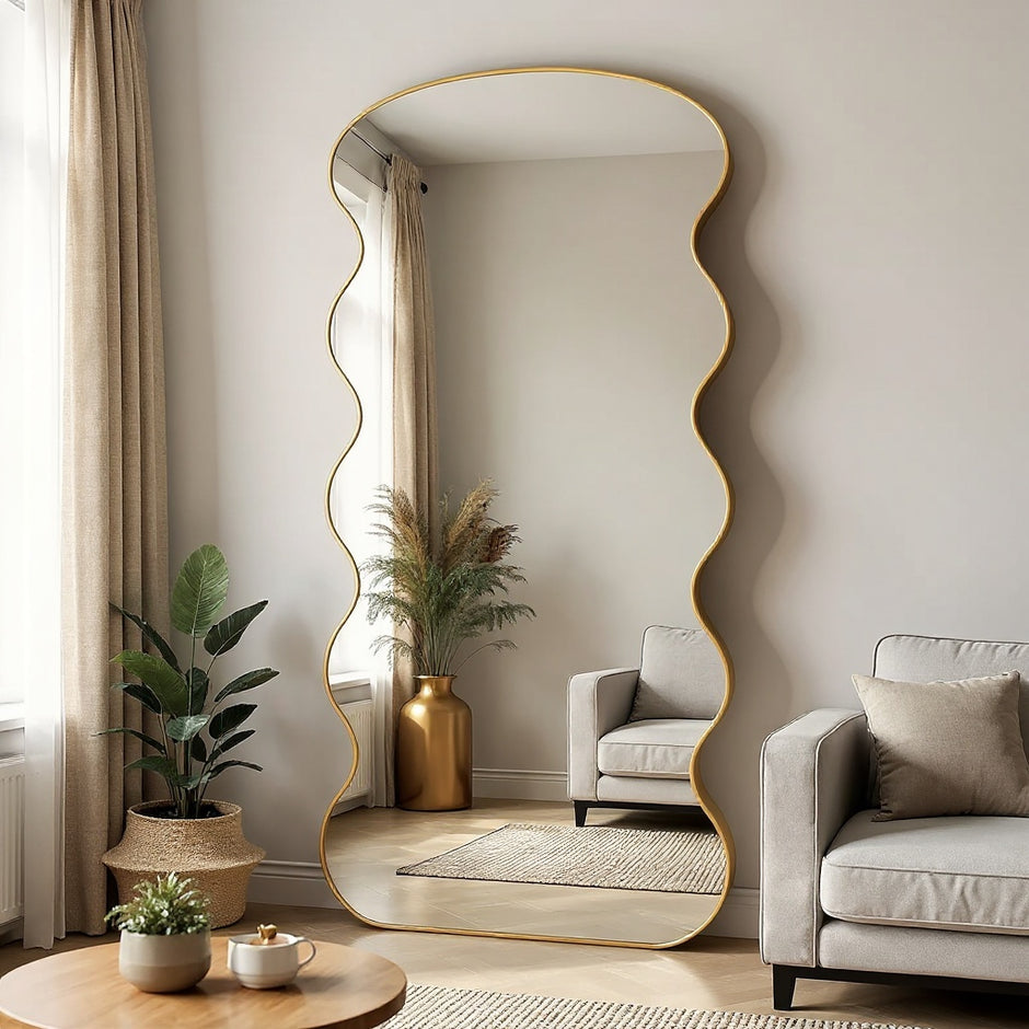 76"x34" Large Irregular Wavy Full Length Mirror – Standing & Wall Mounted, Gold / Black Frame